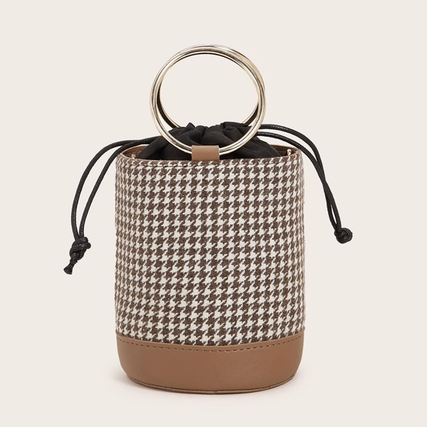 

Houndstooth Ring Handle Satchel Bag With Drawstring, Multicolor