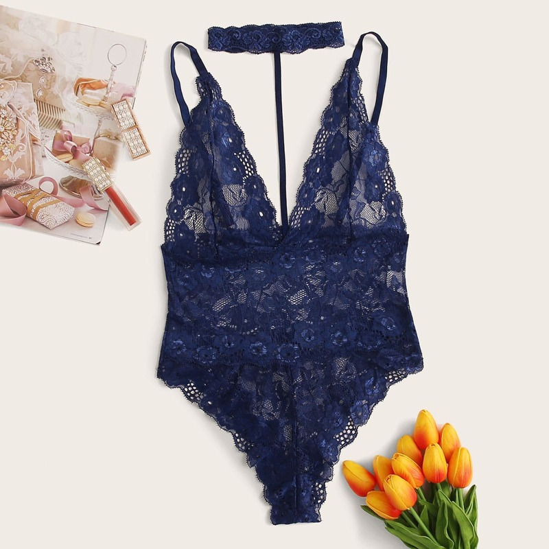 

Floral Lace Choker Teddy Bodysuit, Blue
