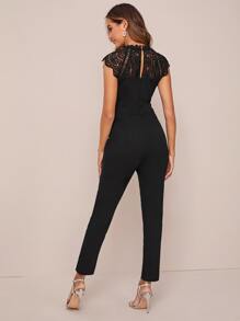 SHEIN Privé Jumpsuit de espalda con abertura de ojo transparente de canesú de encaje unicolor - Negro - Ver 2