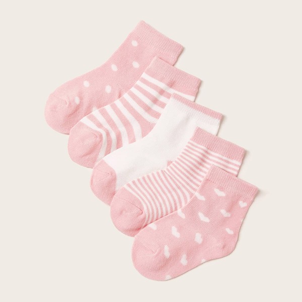 

5pairs Toddler Girls Striped & Heart Pattern Socks, Pink