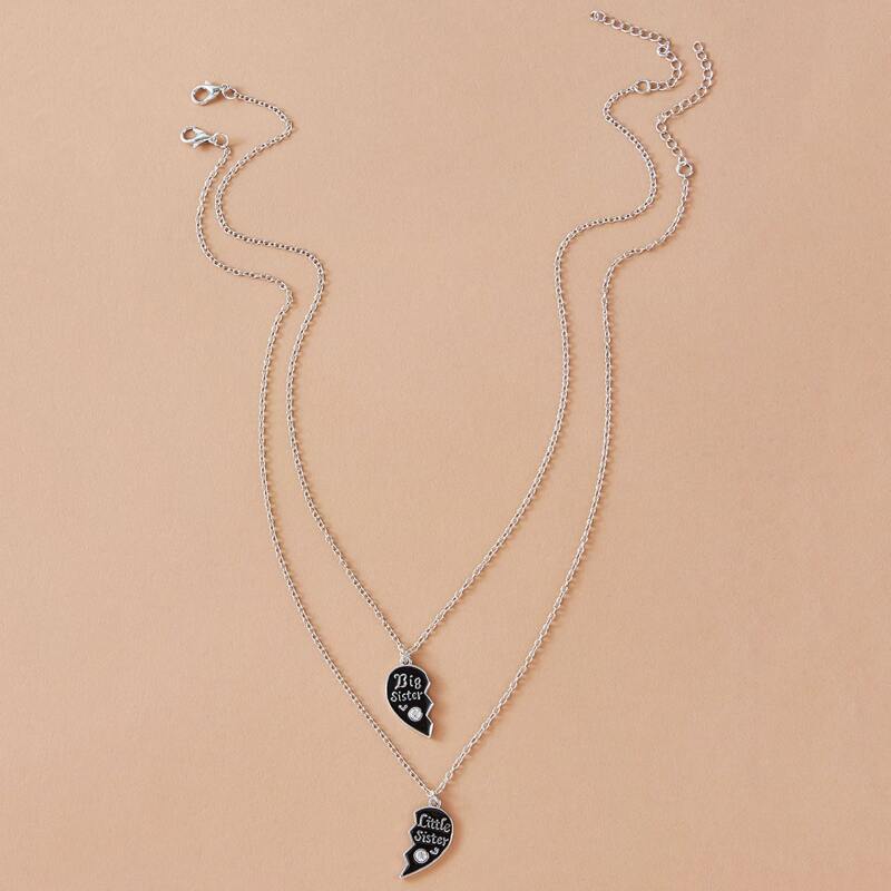 

2pcs Rhinestone Decor Heart Charm Necklace, Black and white