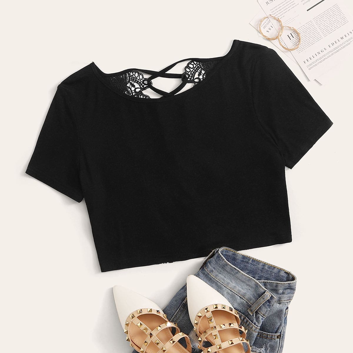 

Guipure Lace Back Crop Top, Black