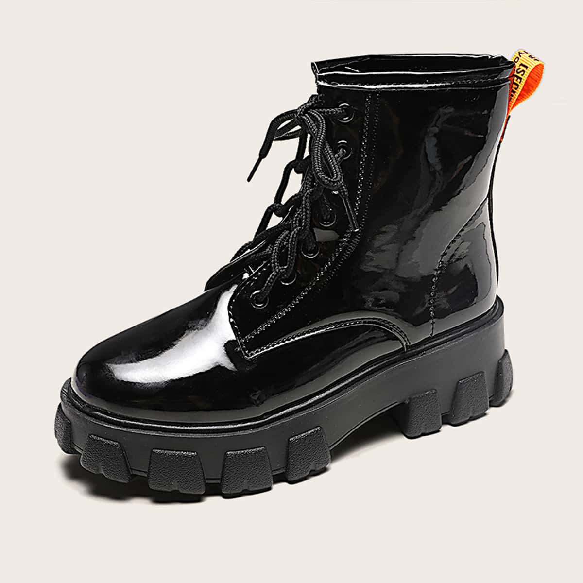 

Patent Lace-up Front Lug Sole Boots, Black