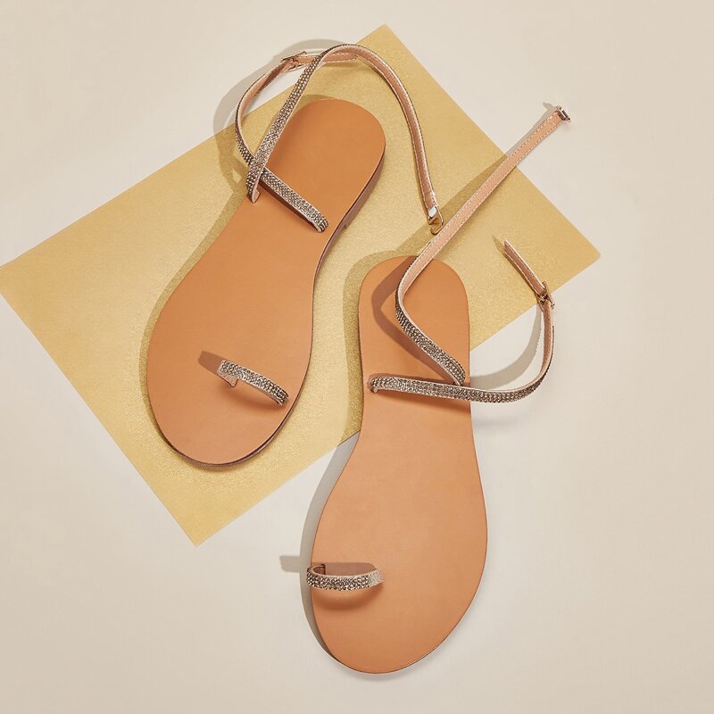 

Toe Post Rhinestone Decor Flat Sandals, Gold