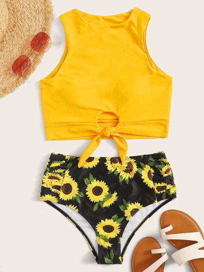 Knot Hem Top With Sunflower Random Print Bikini