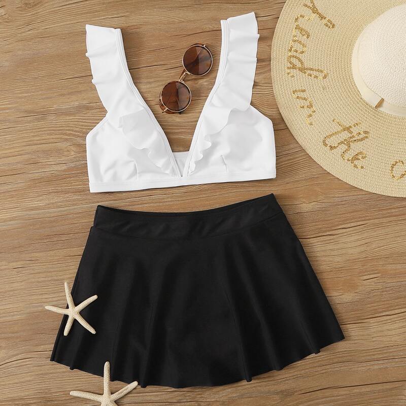 

Ruffle Trim Top With Skorts 2pcs Swimsuit, Black and white