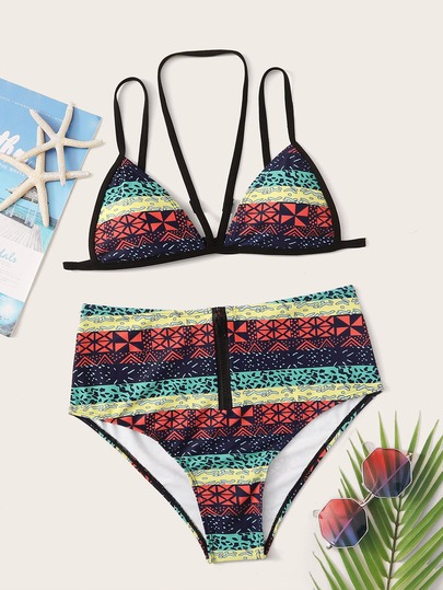 Geo Random Print Halter Top With High Waist Bikini