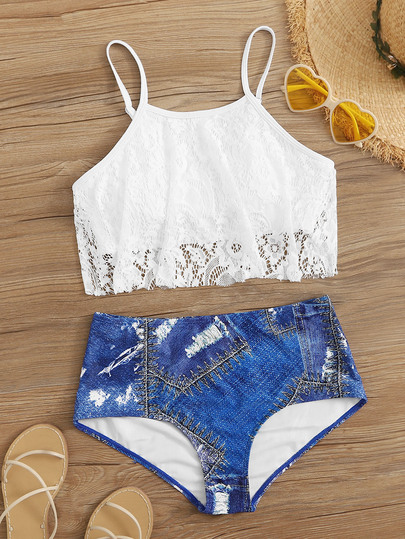 Floral Lace Top With Denim High Waist Bikini