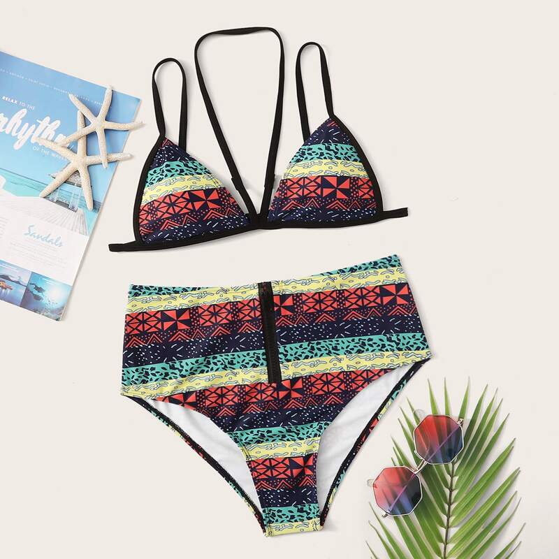

Geo Random Print Halter Top With High Waist Bikini, Multicolor