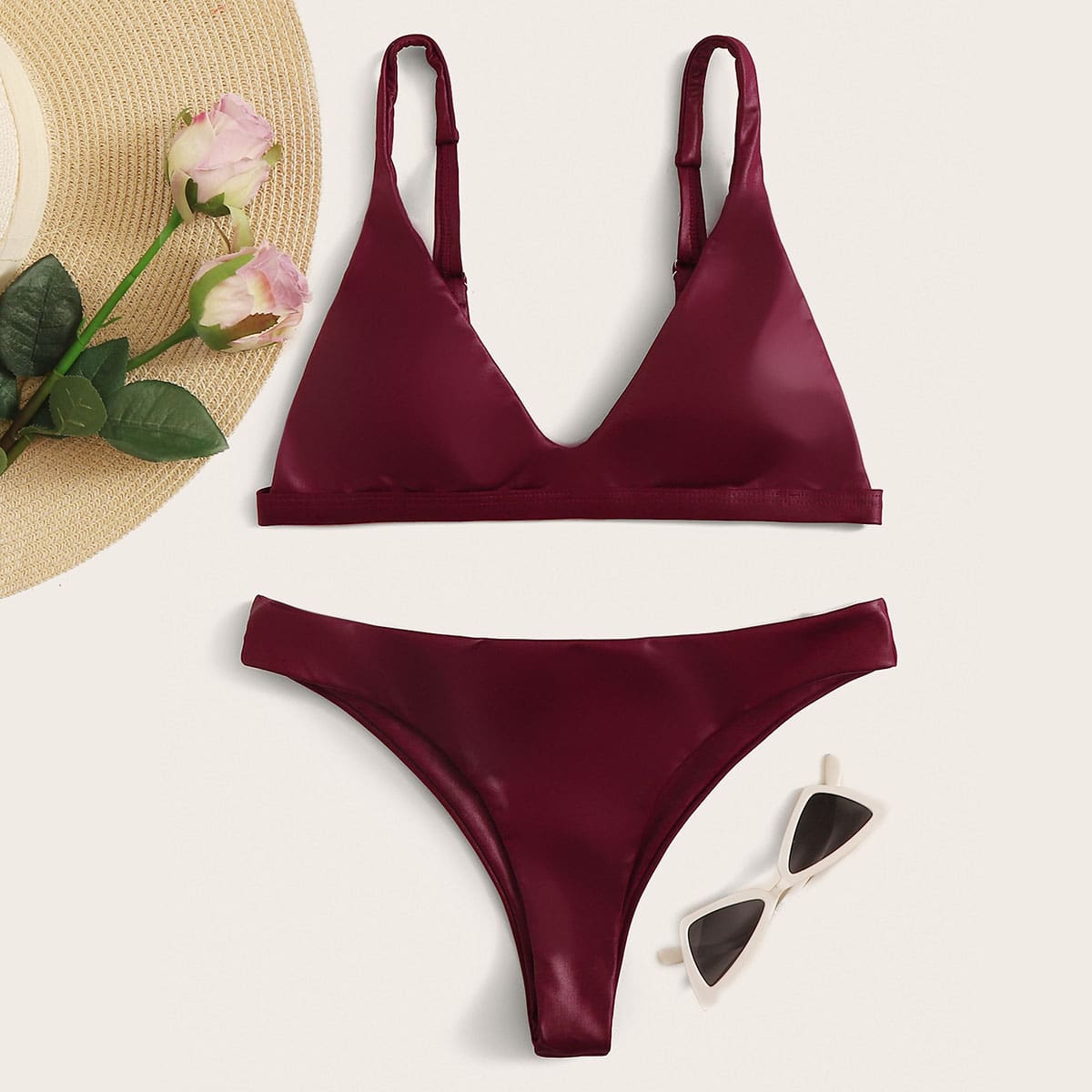 

PU Triangle Cheeky Bikini Swimsuit, Burgundy