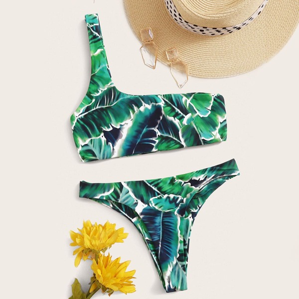 

Palm Random Print One Shoulder Top With High Cut Bikini, Green