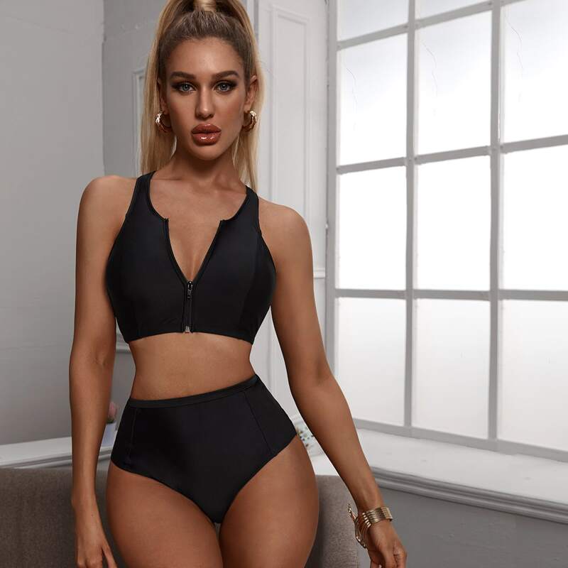 

Zipper Front V Wired Racerback High Waisted Bikini Swimsuit, Black