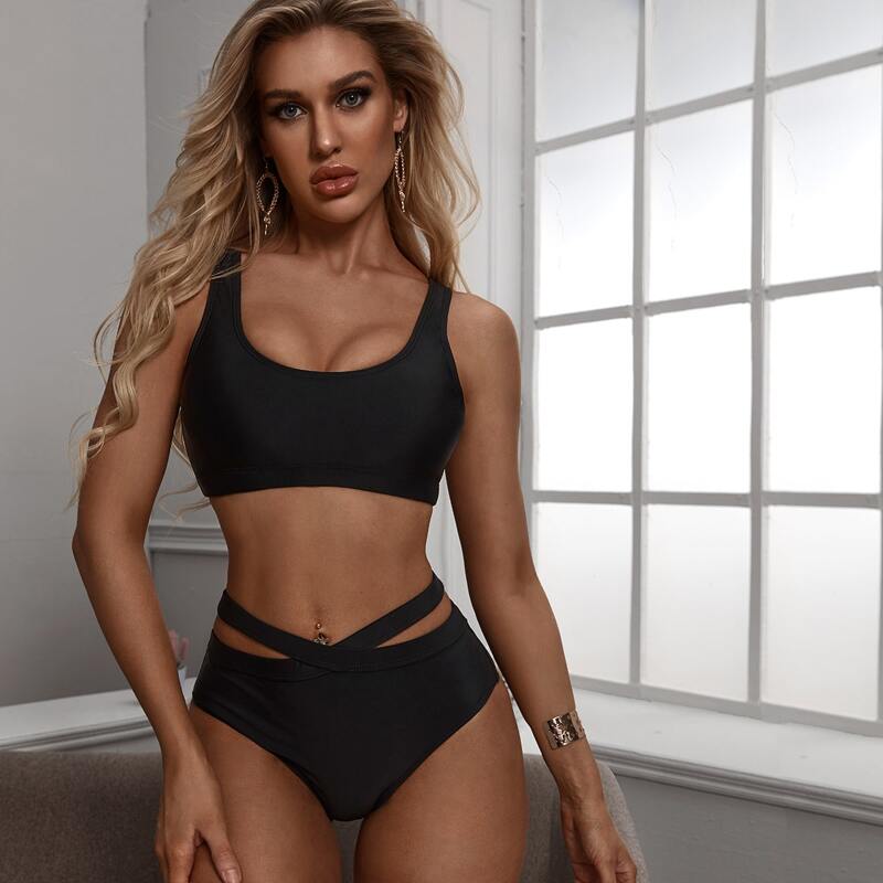 

Criss Cross Back High Waisted Bikini Swimsuit, Black