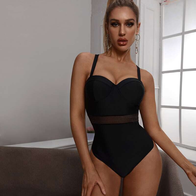 

Contrast Mesh Underwired One Piece Swimsuit, Black