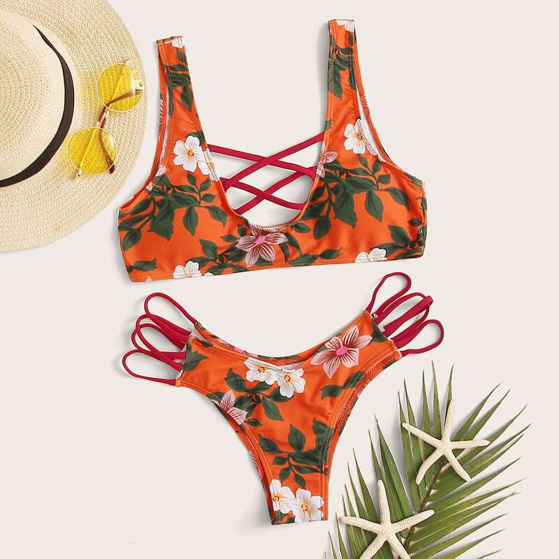 

Floral Print Criss Cross Top With High Cut Bikini, Orange