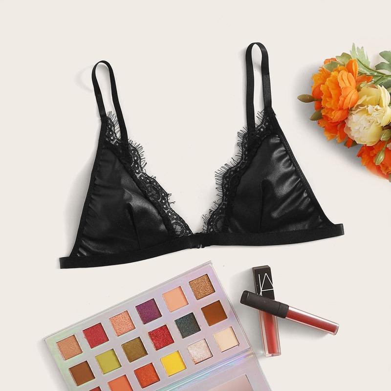 

PU Lace Trim Bralette, Black