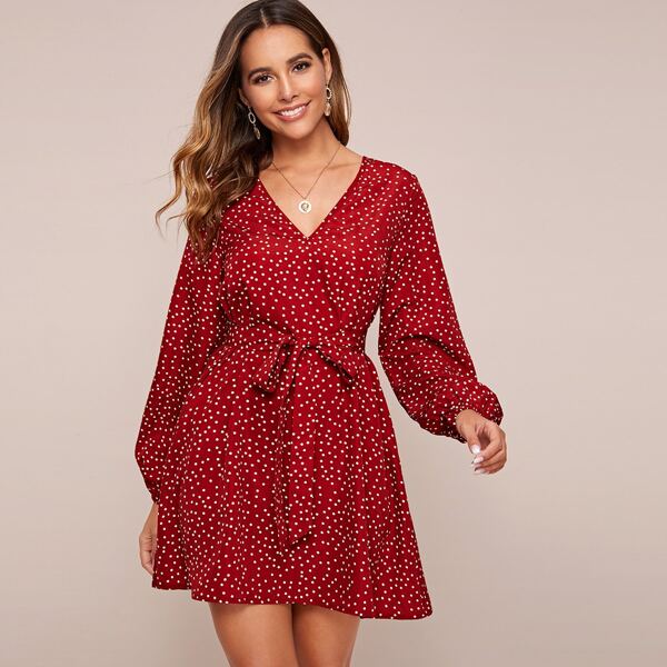 

Lantern Sleeve Polka-dot Print Belted Dress, Burgundy