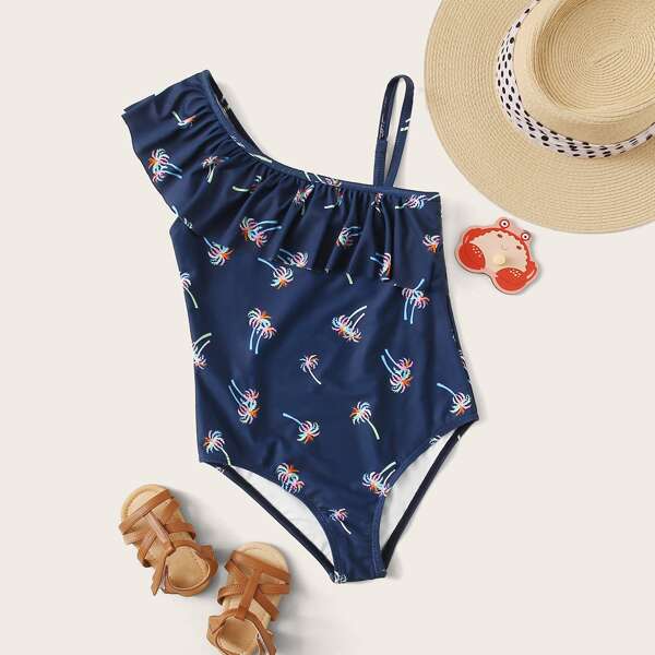 

Girls Palm Tree Print Ruffle Trim One Piece Swimwear, Navy