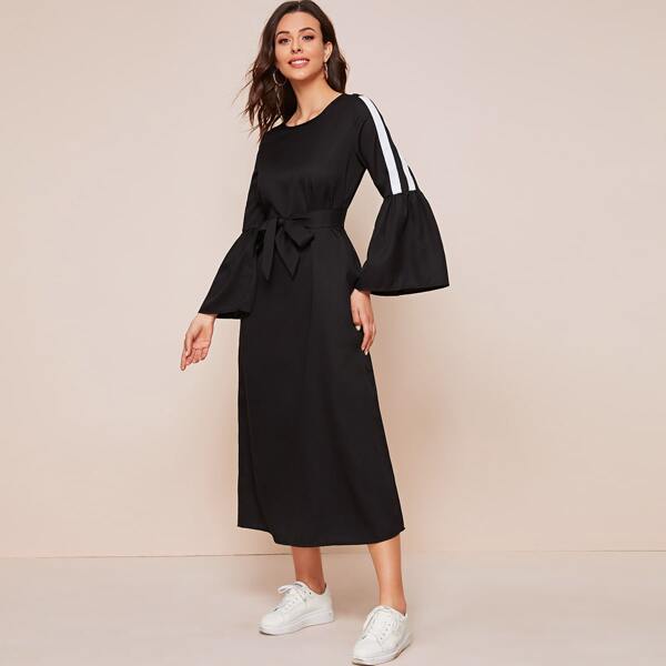 

Side Stripe Flounce Sleeve Self Tie A-line Dress, Black