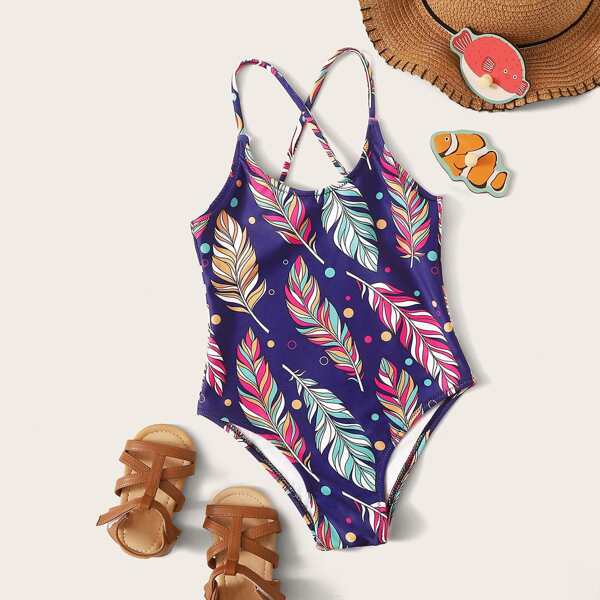 

Girls Feather Random Print One Piece Swimwear, Multicolor