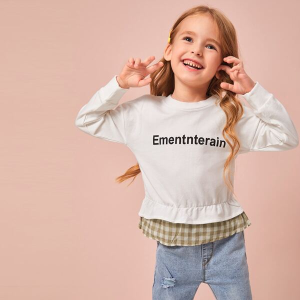 

Toddler Girls Contrast Plaid Panel Letter Graphic Sweatshirt, White