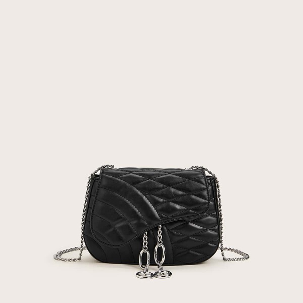 

Metal Decor Quilted Flap Chain Bag, Black