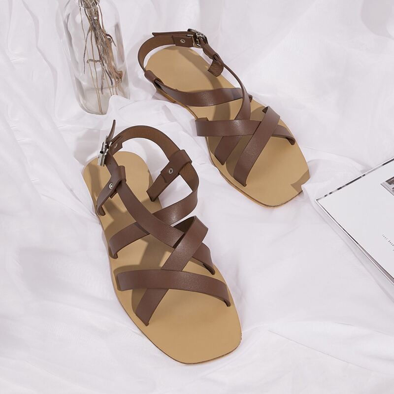 

Cross Strap Flat Sandals, Brown