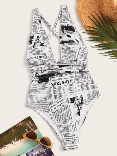Newspaper Pattern Tie Back One Piece Swimwear