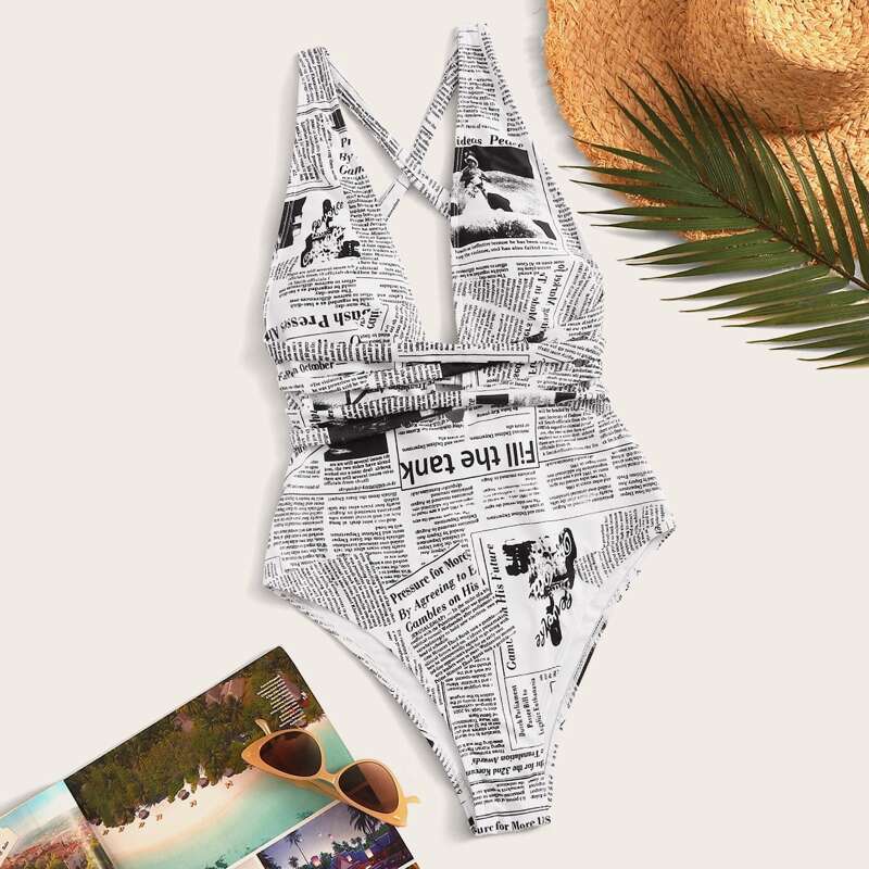 

Newspaper Pattern Tie Back One Piece Swimsuit, Black and white