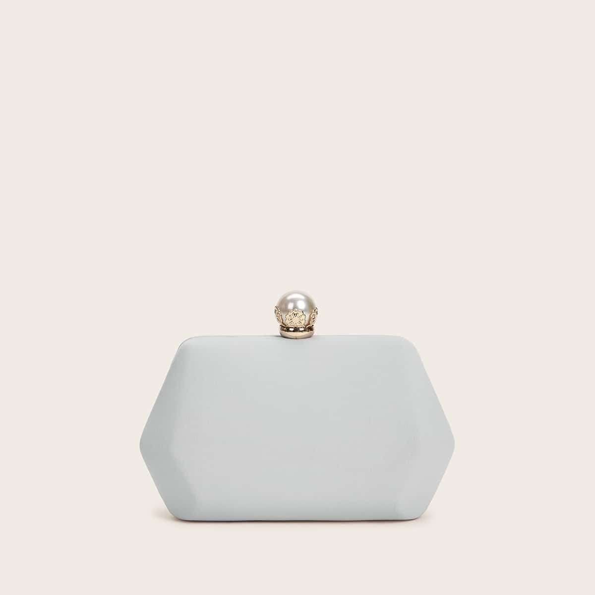 

Faux Pearl Decor Clip Top Clutch Bag, Grey