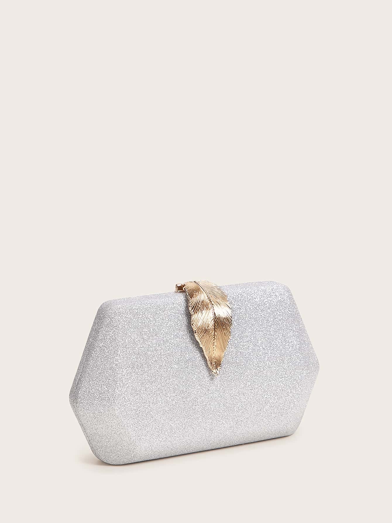 leaf design metal lock glitter clutch bag