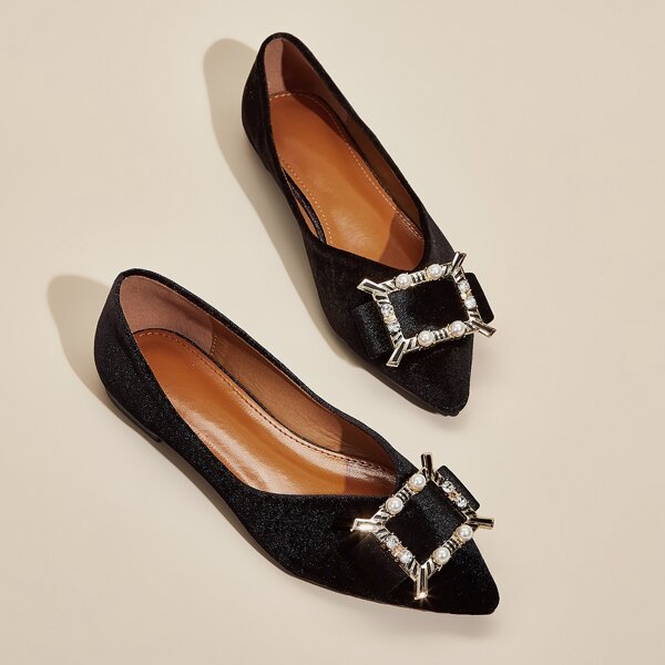 

Point Toe Faux Pearl Decor Flats, Black
