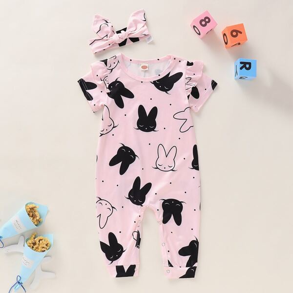 

Baby Girl Ruffle Cartoon Graphic Jumpsuit With Headband, Pink