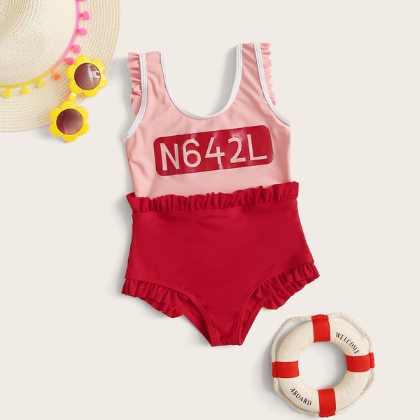 

Toddler Girls Letter Graphic Frill Trim One Piece Swimwear, Multicolor