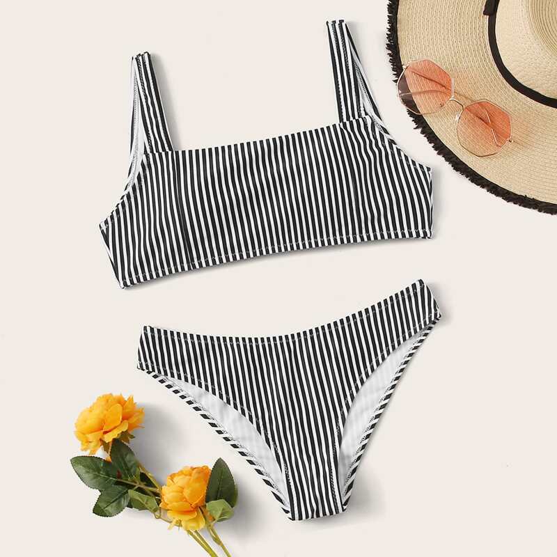 

Striped Knot Back Bikini Set, Black and white