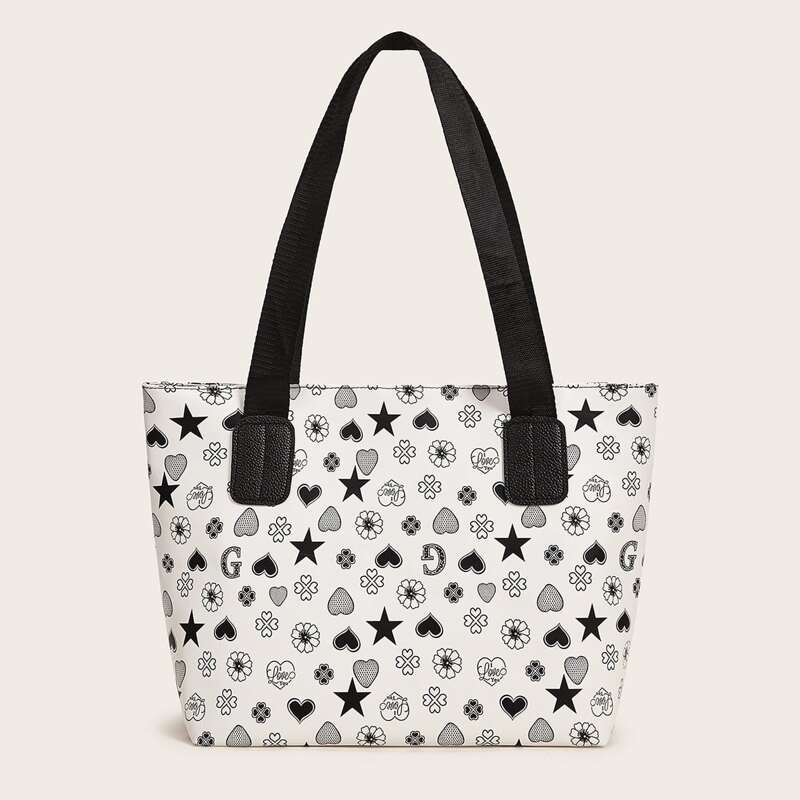 Floral & Star Graphic Tote Bag, Black and white
