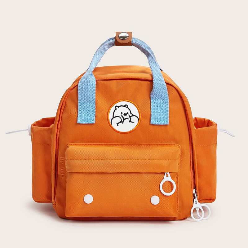 

Cartoon Patch Decor Pocket Front Backpack, Orange