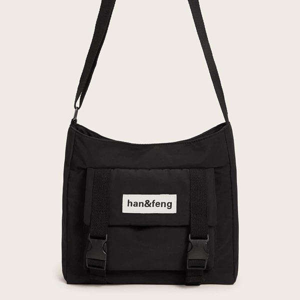 

Letter Patch Decor Double Release Buckle Crossbody Bag, Black