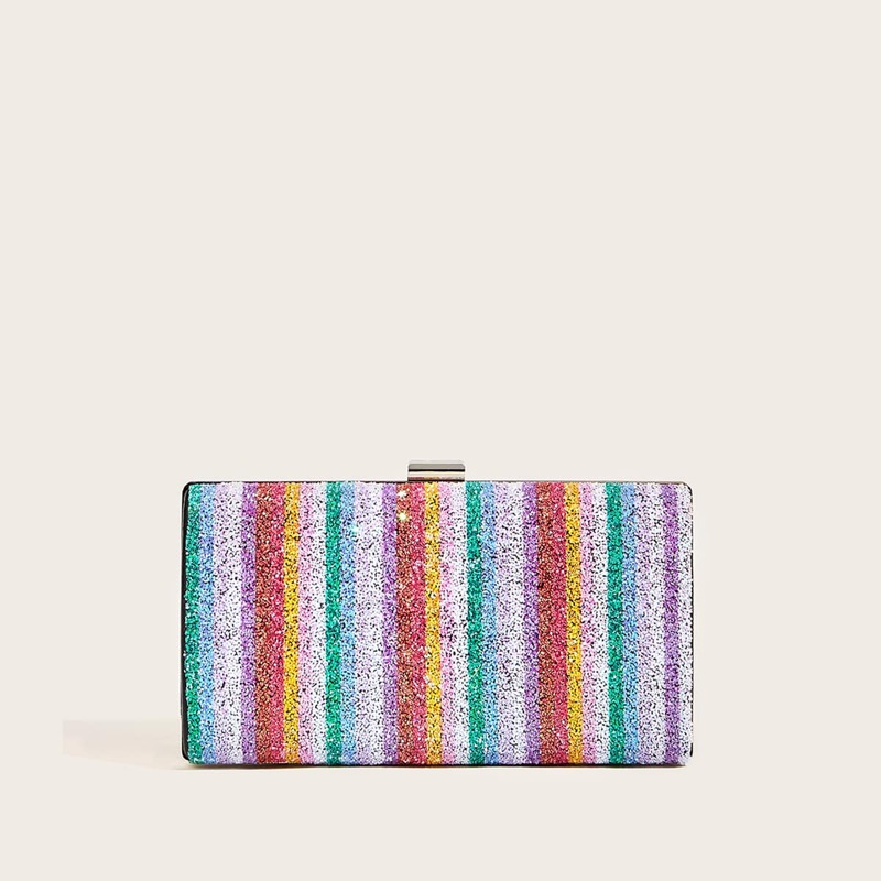 

Rainbow Striped Clip Top Chain Clutch Bag, Multicolor