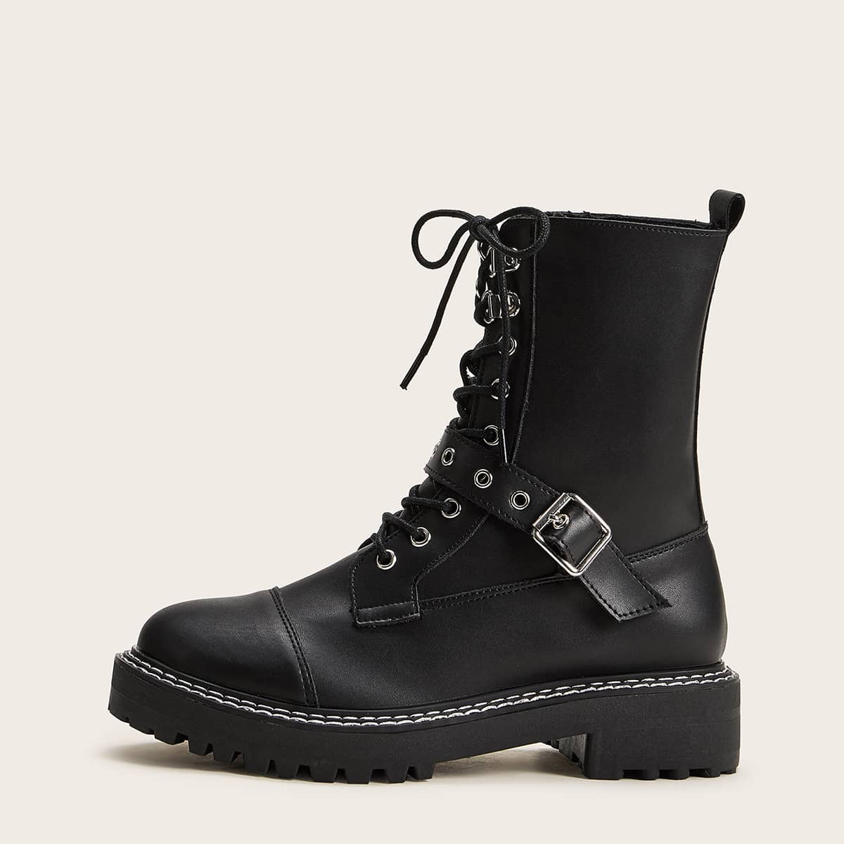

Lace-up Front Buckle Decor Combat Boots, Black