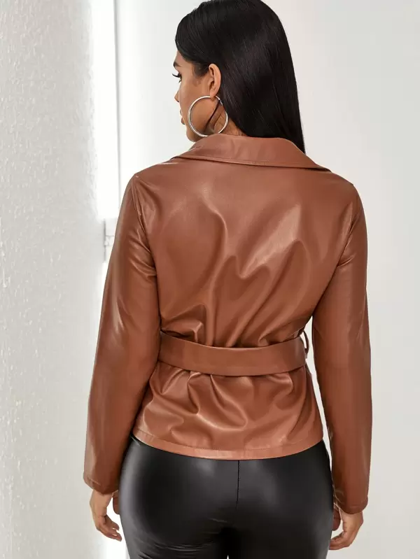Veste en cuir PU avec ceinture | Mode en ligne | SHEIN FRANCE Veste en cuir PU avec ceinture et agrafe | Mode en ligne