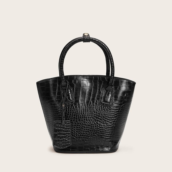 

2pcs Croc Embossed Satchel Bag With Crossbody Bag, Black