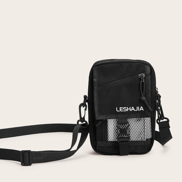 

Mesh Panel Zip Front Crossbody Bag, Black