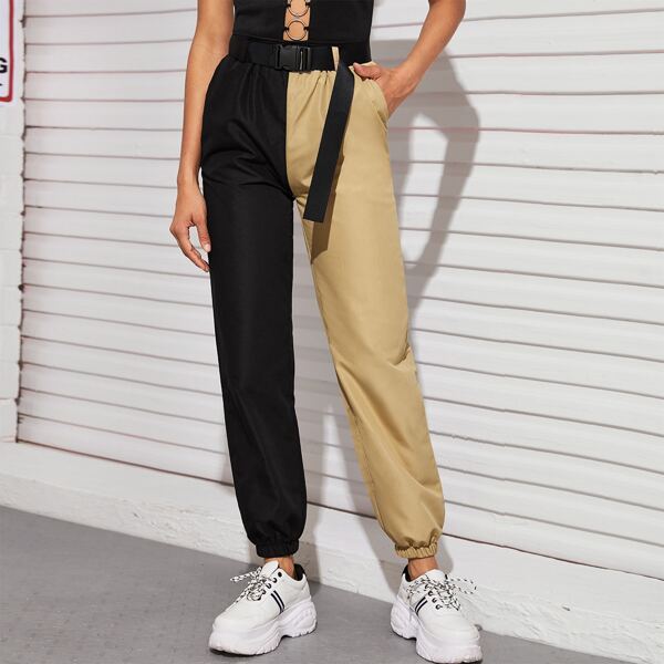 

Two Tone Pocket Side Belted Cargo Pants, Multicolor