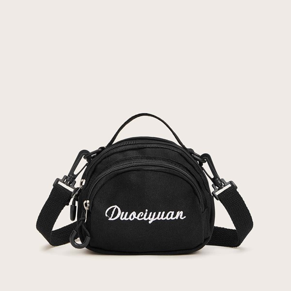 

Mini Letter Embroidered Canvas Satchel Bag, Black