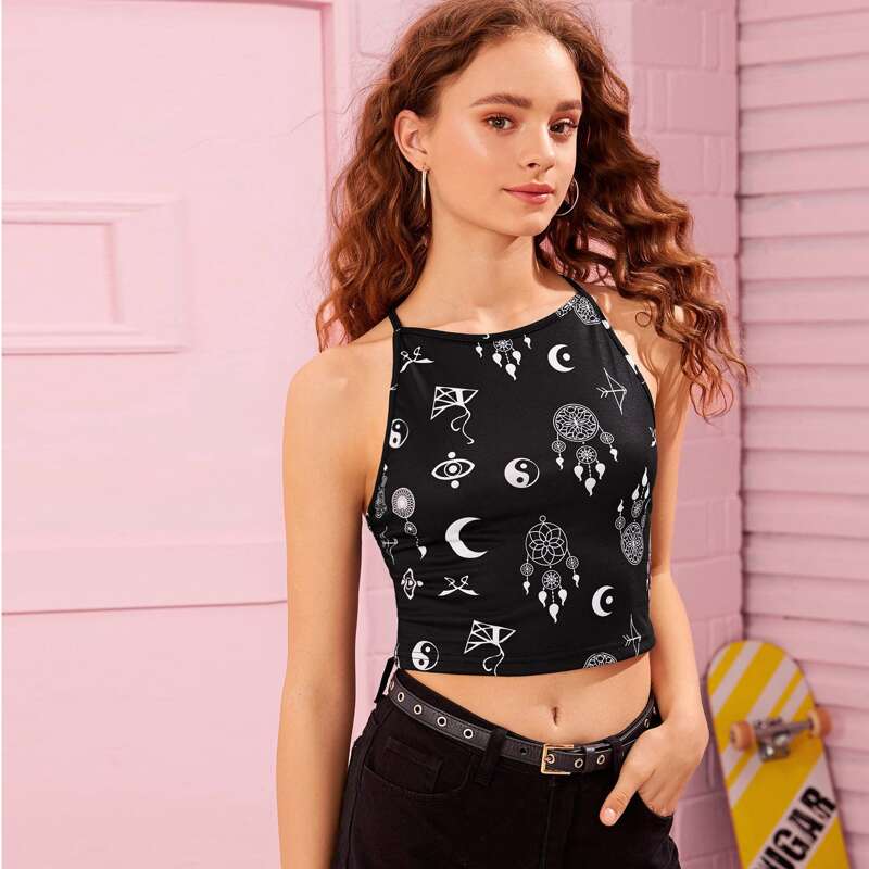 

Yin & Yang Symbol Graphic Cropped Cami Top, Black and white