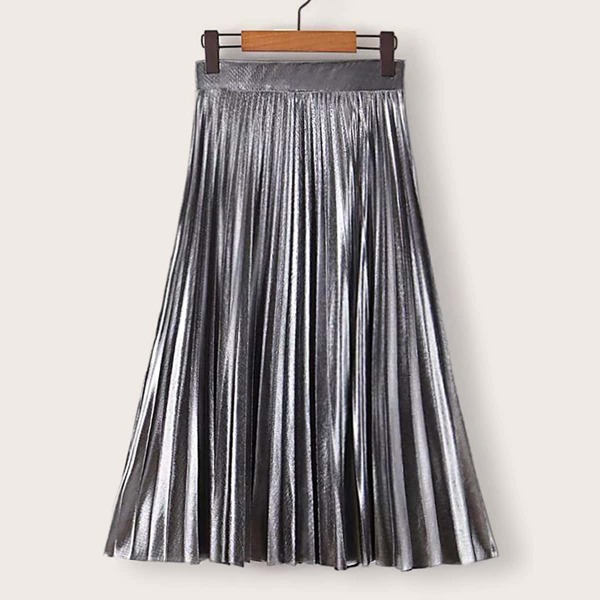 

Wide Waistband Pleated Metallic Skirt, Grey