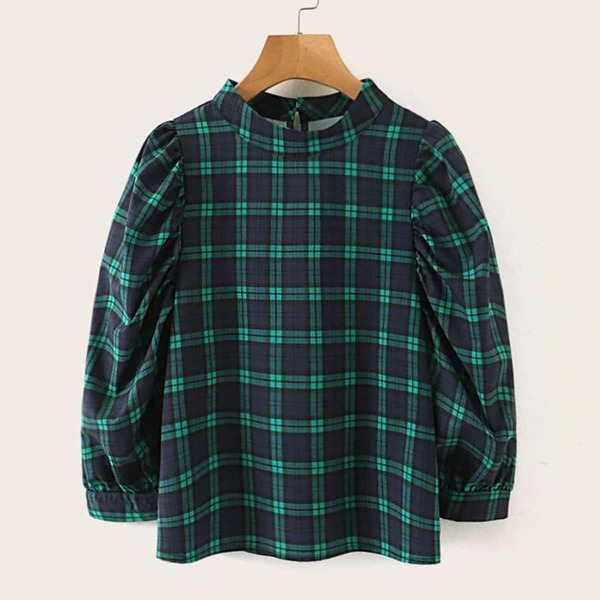 

Mock Neck Keyhole Back Plaid Blouse, Multicolor