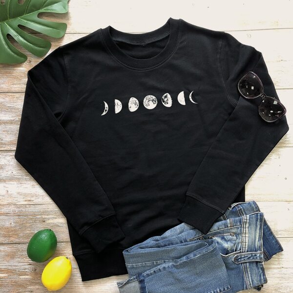 

Moon Print Round Neck Sweatshirt, Black