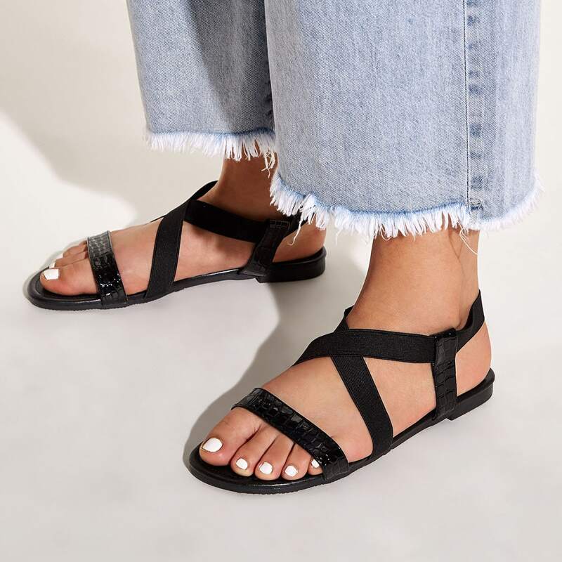 

Croc Embossed Cross Strap Flat Sandals, Black